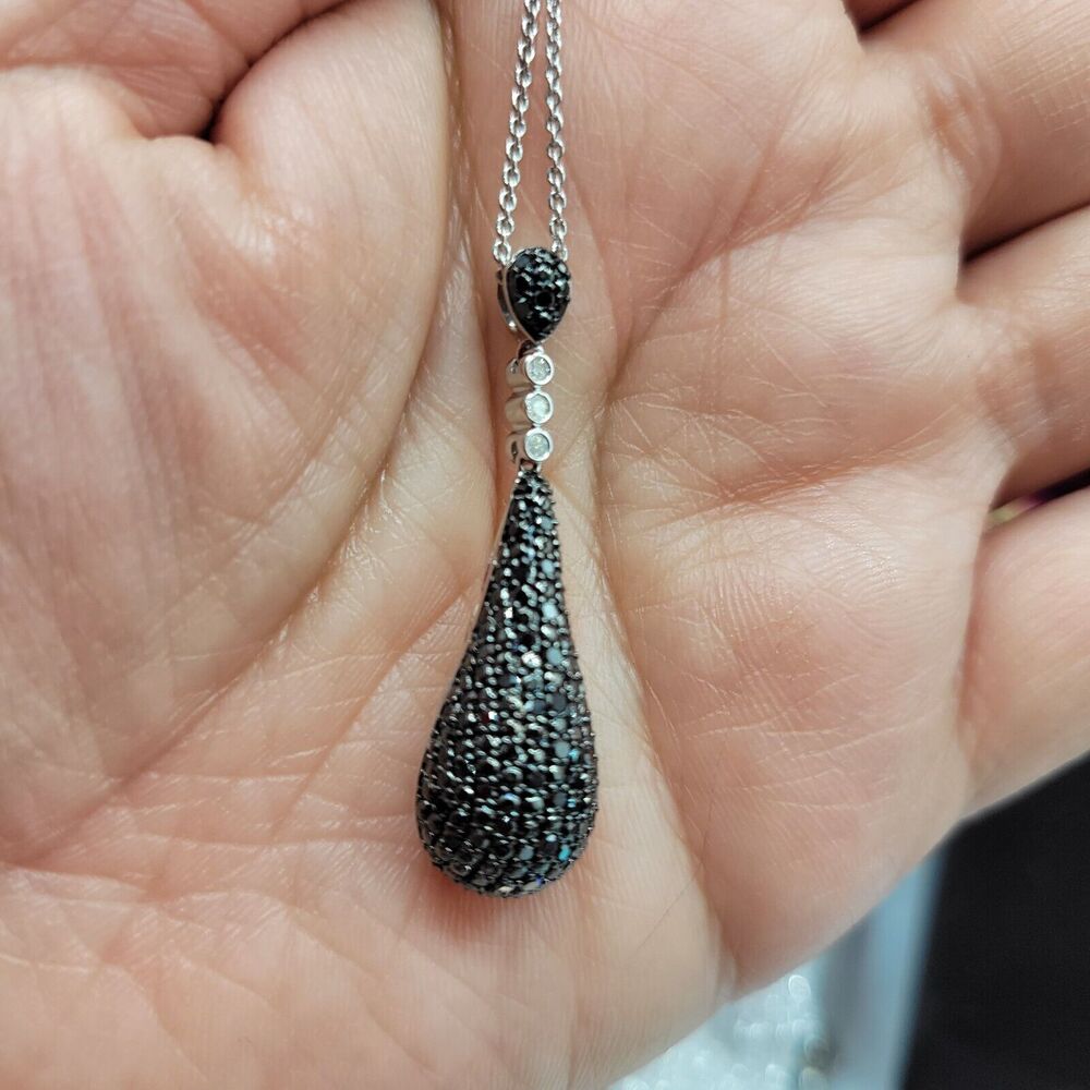 Genuine Black Diamond Drop Necklace .50ctw Sterling Silver With Chain 3D bulb